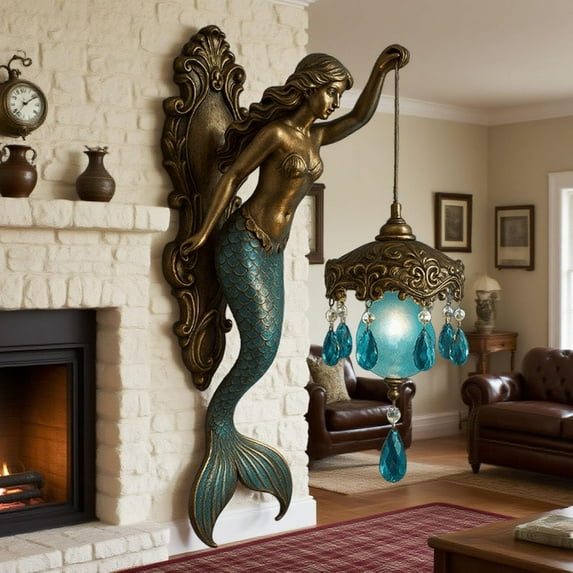 2025 Mermaid Wall Lamp, Vintage Ocean-Themed Night Light, 8 Inch Frosted Crystal Lantern, Retro Mermaid Wall Sconce for Bedroom, Vintage Style