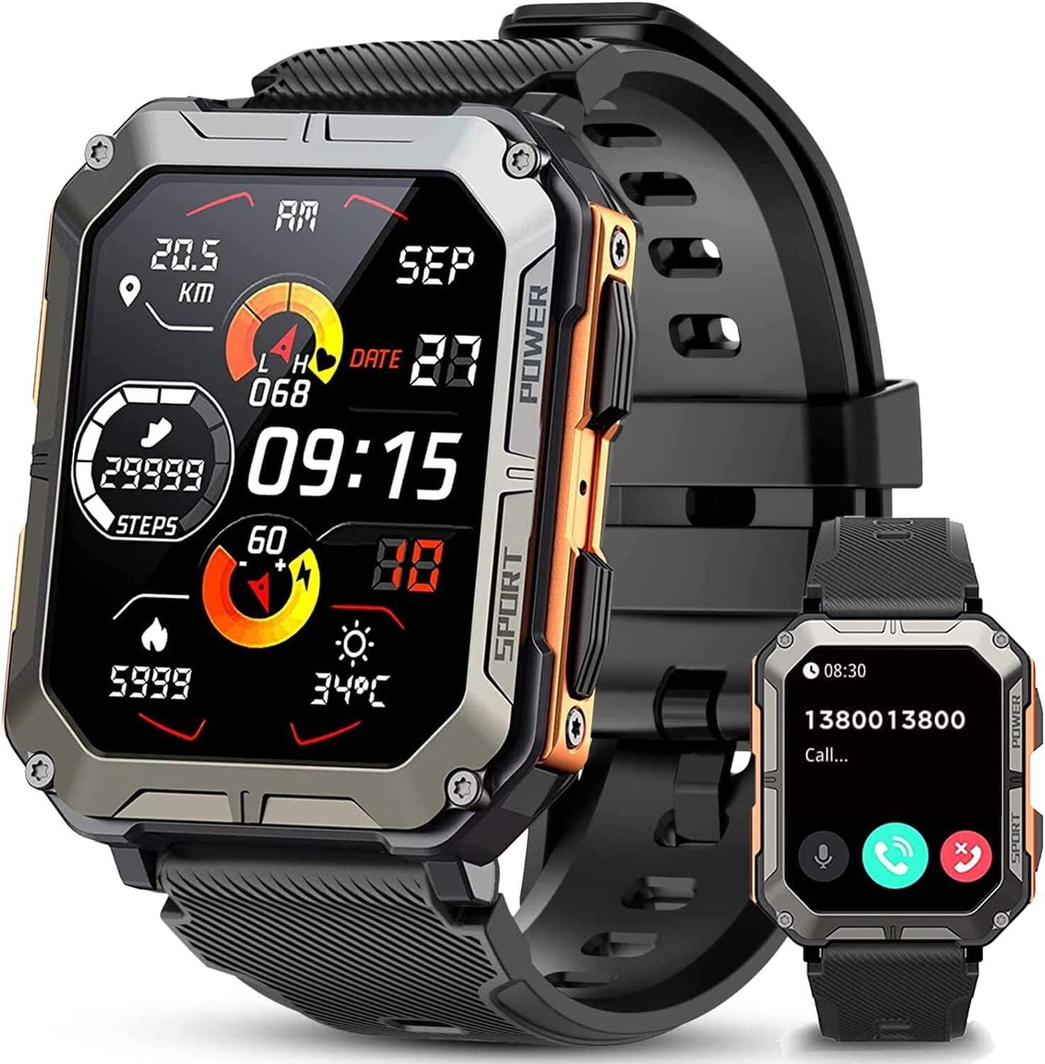2025 Military Smart Watches for Men 1.83" HD Touch Screen Outdoor Sport Watch with Bluetooth Call (Answer/Make Call), IP68 Waterproof,for Android and iPhone Compatible, Orange