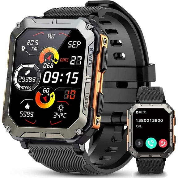 2025 Military Smart Watches for Men 1.83" HD Touch Screen Outdoor Sport Watch with Bluetooth Call (Answer/Make Call), IP68 Waterproof,for Android and iPhone Compatible, Orange