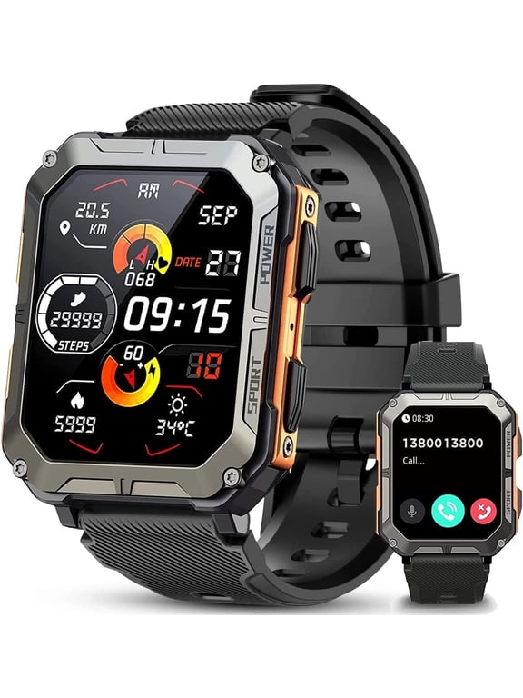 2025 Military Smart Watches for Men 1.83" HD Touch Screen Outdoor Sport Watch with Bluetooth Call (Answer/Make Call), IP68 Waterproof,for Android and iPhone Compatible, Orange