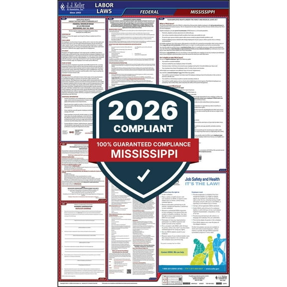 2025 Mississippi Labor Law Poster, All-in-One OSHA Compliant MS State & Federal Laminated Poster (24" x 40" English)2
