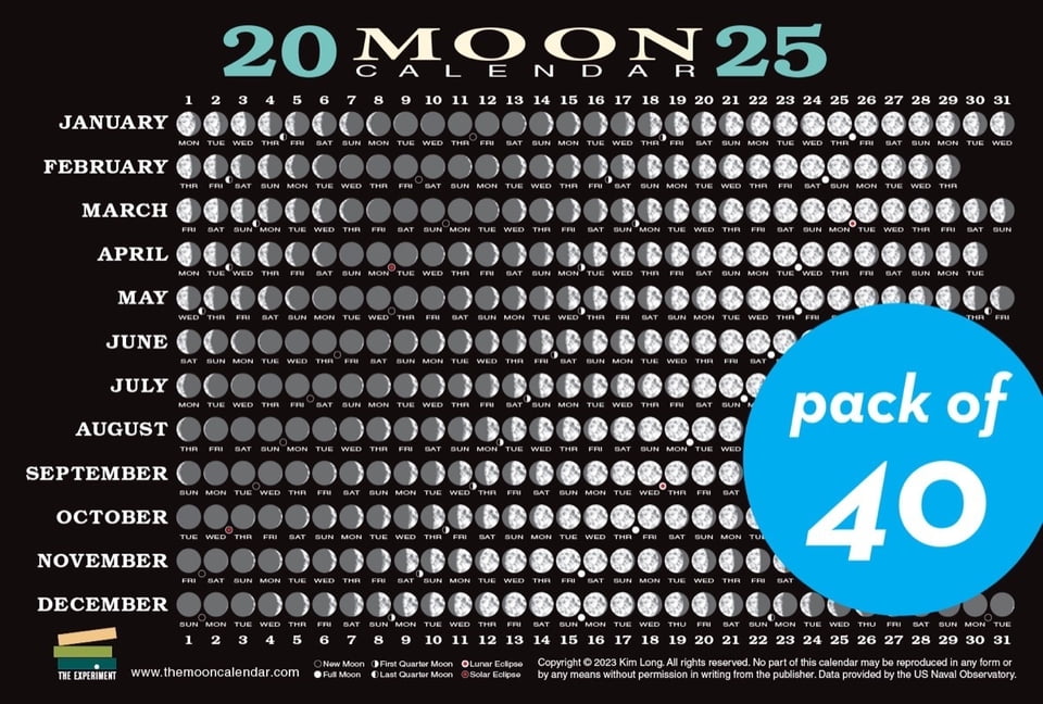 2025 Moon Calendar Card (40 Pack) Lunar Phaiumrc, Eclipiumrc, and More