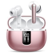 Bluetooth Headphones True Wireless Earbuds 40H Long Playback, Stereo Deep Bass, LED Display, IPX7, Lightweight in Ear Earphone, Noise Cancelling Headphones with Mic for iPhone Android, Pink