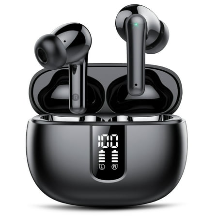 Bluetooth Headphones True Wireless Earbuds 40H Long Playback, Stereo Deep Bass, LED Display, IPX7, Lightweight in Ear Earphone, Noise Cancelling Headphones with Mic for iPhone Android, Black