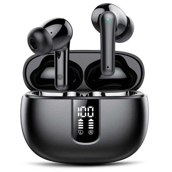 Bluetooth Headphones True Wireless Earbuds 40H Long Playback, Stereo Deep Bass, LED Display, IPX7, Lightweight in Ear Earphone, Noise Cancelling Headphones with Mic for iPhone Android, Black