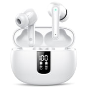 Bluetooth Headphones True Wireless Earbuds 40H Long Playback, Stereo Deep Bass, LED Display, IPX7, Lightweight in Ear Earphone, Noise Cancelling Headphones with Mic for iPhone Android, White