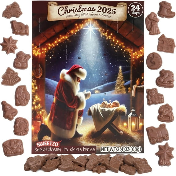2025 Nativity Advent Calendar, Countdown to Christmas, 24 Day Chocolatey Candy, 2.4 Ounces