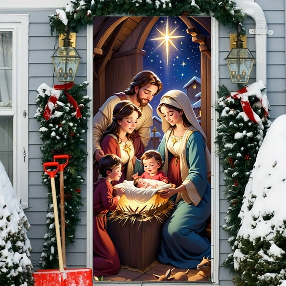 Taicans 2025 Nativity Christmas Door Cover - 78.74in x 35.43in,Holy Family Nativity Scene,Removable Vinyl,Waterproof,Reusable,Religious Holiday Decor for Home/Church,Easy Install