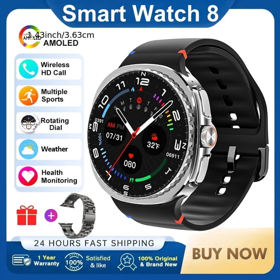 2025 New 1.43" Smart Watch, Rotating Dial, AI GPT Voice Assistant, Fitness Tracker, SOS Call, Wireless Music, Message Reminder