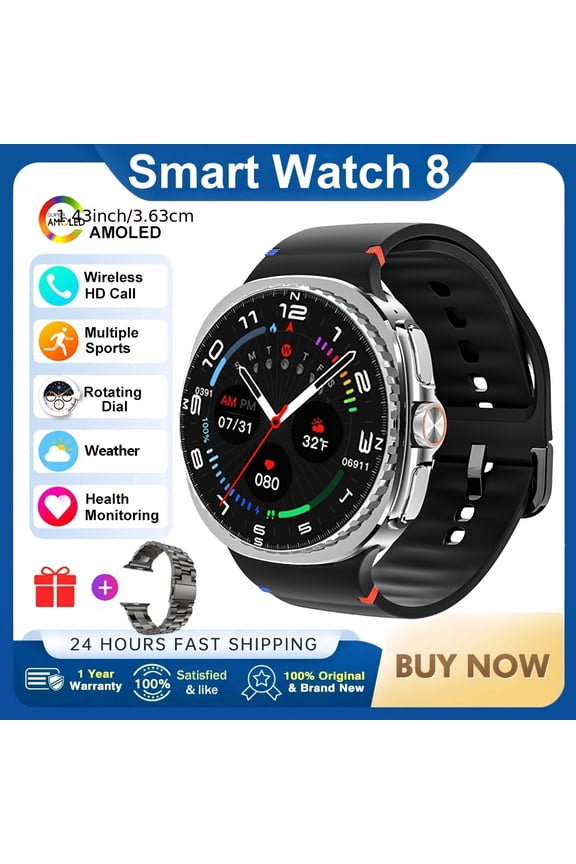2025 New 1.43" Smart Watch, Rotating Dial, AI GPT Voice Assistant, Fitness Tracker, SOS Call, Wireless Music, Message Reminder