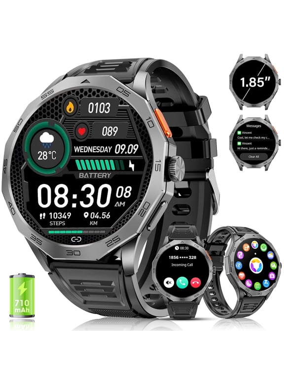 Military Smart Watch for Men, 1.85-inch fits for Android and Iphone Devices, with Answer/Make Calls/100+ Sport Modes, Fitness Tracker Watches (Black)