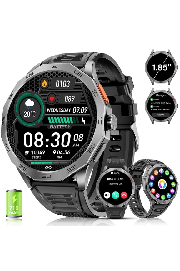 Military Smart Watch for Men, 1.85-inch fits for Android and Iphone Devices, with Answer/Make Calls/100+ Sport Modes, Fitness Tracker Watches (Black)