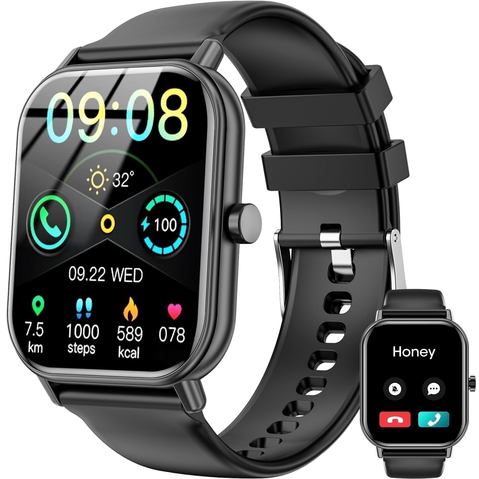 Smart Watch for Men Women's Haulvean 1.85-inch Smartwatch, Fits for Android and Iphone Devices, with Answer/Make Calls/100 Sport Modes, Fitness Tracker Smart Watches（Black）