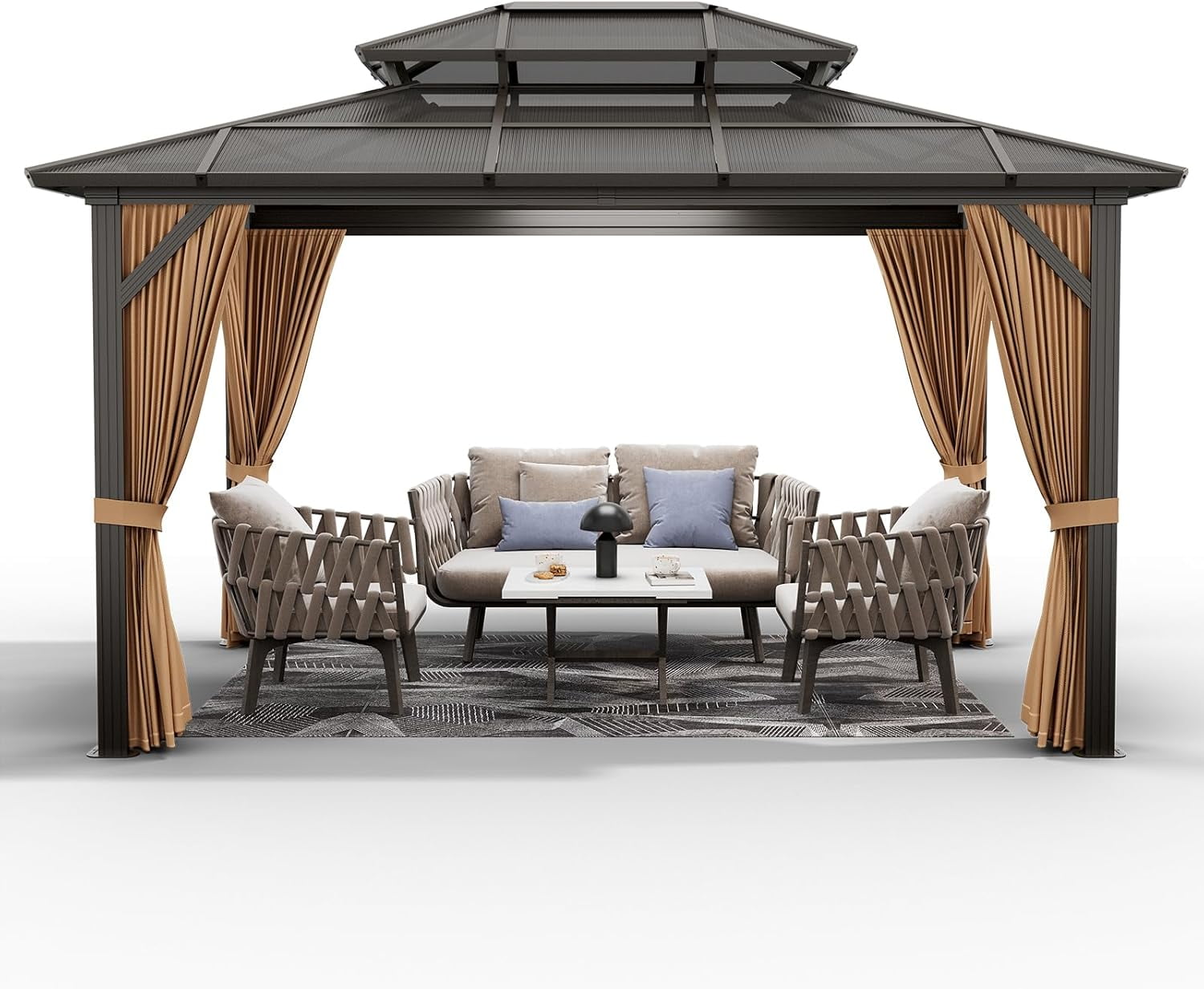 2025 New 10'x13' Hardtop Gazebo, Outdoor Polycarbonate Double Roof Canopy, Aluminum Frame Permanent Pavilion with Curtains and Netting, Sunshade for Garden, Patio, Lawns