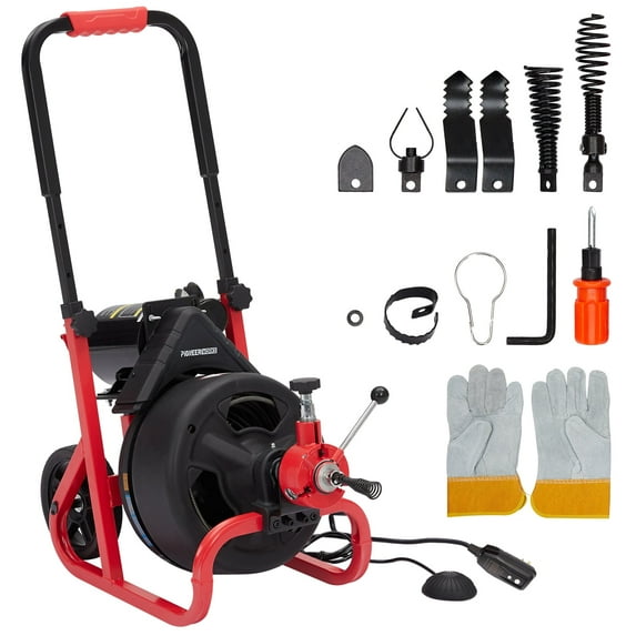 2025 New 100Ft x 3/8 Inch Drain Cleaner Machine, Auto-feed Electric Drain Auger Professional for 2 to 4 Inch Pipes, with 6 Cutters, Glove, Drain Auger Cleaner Sewer Snake