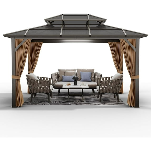 2025 New 10x12ft Gazebo, Hardtop Outdoor Canopy Aluminum Frame Permanent Gazebo with Netting and Curtains, Polycarbonate Garden Tent for Patio, Lawn, Backyard, Deck