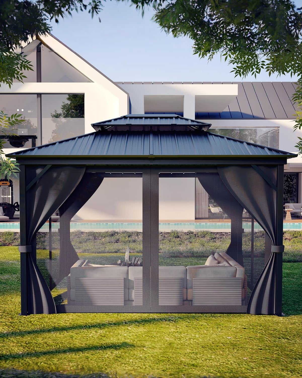 2025 New 10x14 Ft Hardtop Gazebos with Heavy Duty Double Roof, Nettings
