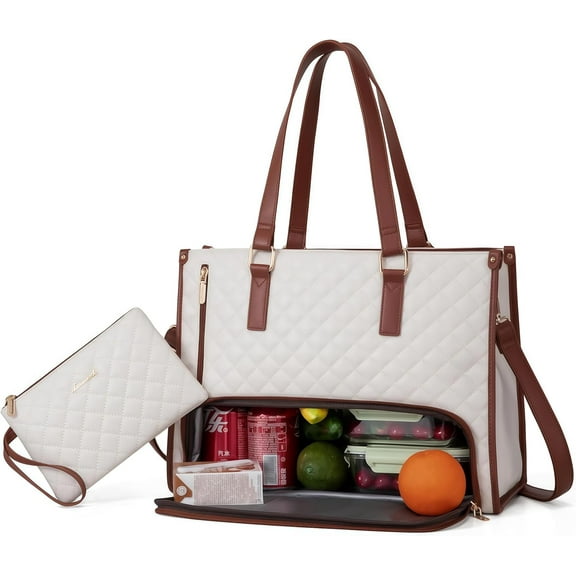 2025 New 2 in 1 Tote Bag Lunch Bag Combo, Lunch Tote Bag for Women, Laptop Bag with Lunch Compartment (White)