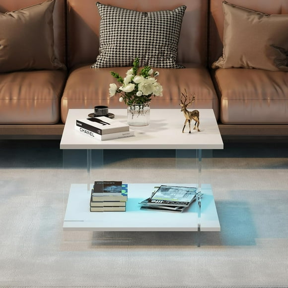 2025 New 24" Acrylic Coffee Table with Wood Top, Minimalist and Modern Square Center Table for Living Room,Led Living Room Table with Storage Shelf & Acrylic Frame for Small Space