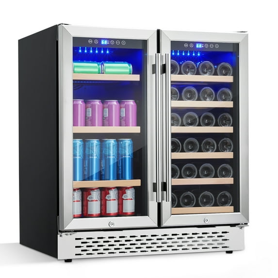 2025 New 30 Inch Beverage and Wine Cooler - Dual Zone Built-In/Freestanding, Holds 28 Bottles and 80 Cans, Independent Temp Control, Quiet Compressor, for Red, White & Champagne
