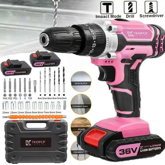 2025 New 36V Cordless Drill Set 59PCS - 3/8" Keyless Chuck, 45Nm Torque, 25+3 Clutch & Work Light, 2 Variable Speeds, 2 Batteries + Fast Charger, Ideal Holiday Gift