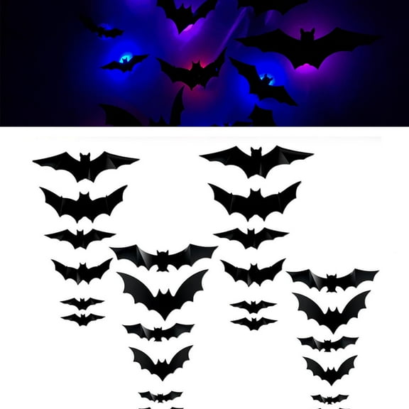 2025 New 3D Lighted Bats Halloween Decor, LED Purple Lighted 3D Bats Halloween Decoration, Upgrade LED Glowing Bat Group Hanging Wall Luminous Glow Clings Multipack