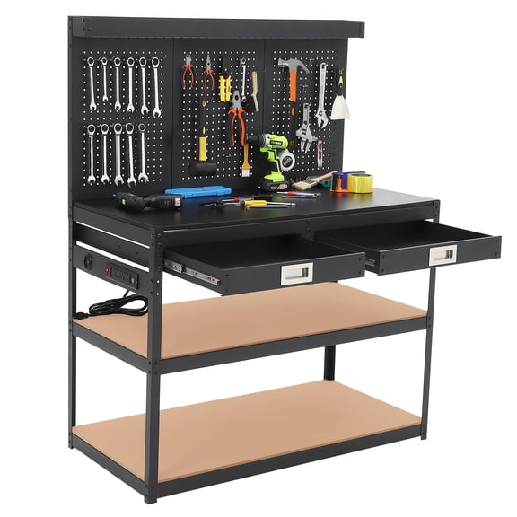 2025 New 48 inch Workbench with Drawers, Pegboard, Hooks, USB Sockets, Three-tier Storage Platform,1000 LBS Load Capacity,Work Bench for Garage, Offices, and Home Workspace