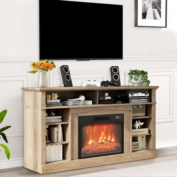 2025 New 58 Inch Farmhouse TV Stand with 23" 1400W Electric Fireplace, Wood Entertainment Center TV Console Cabinet with Open Storage Shelves, Remote Control, 3 Level Adjustable Flame, Timer