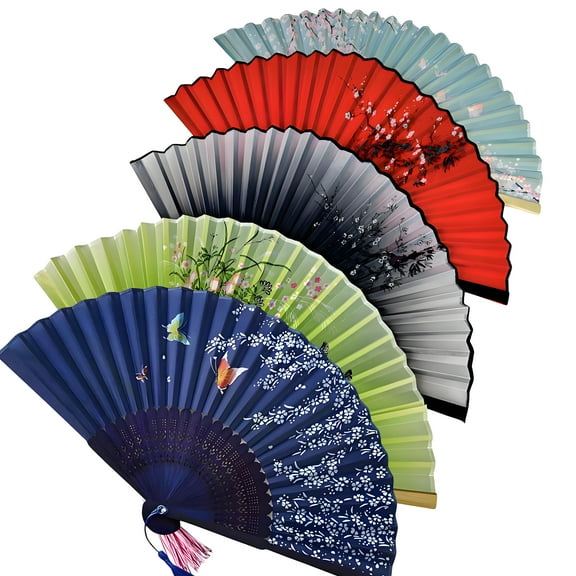2025 New 5PCS Folding Hand Fans, 8.4" Mysterious Oriental  Stylish Vintage Bamboo Silk Fan. Ideal for Party, Home Decor and Events, 5Pack Mixed Colors
