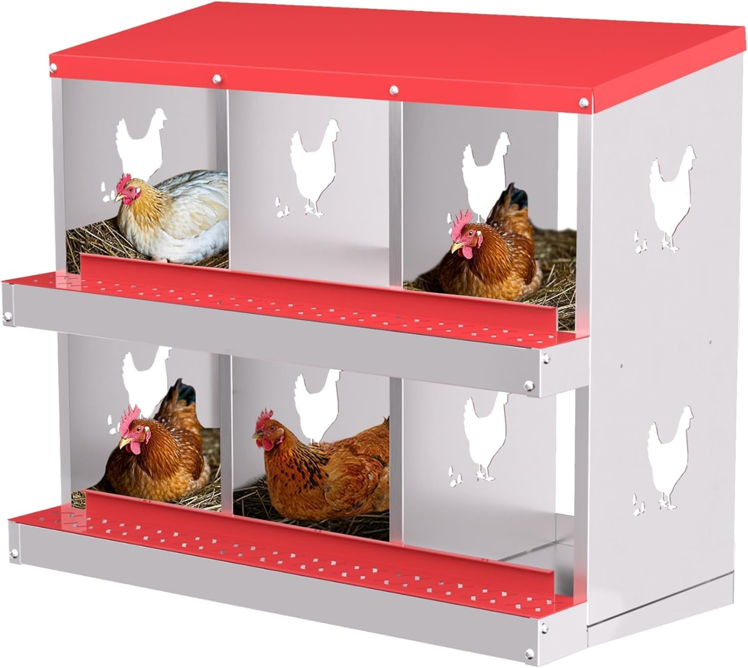 2025 New 6 Compartment Chicken Nesting Box, Metal Chicken Laying Boxes with Perch, Metal Roll Away Eggs Laying Boxes, Versatile Wall Mount or Free Standing for Chickens