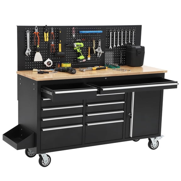 2025 New 61inch Rolling Tool Chest, Garage 10 Drawers Workbench Storage Tool Cabinet with Power Strip, Solid Rubber Wood Top, 1675 LBS Load Mobile Workstation, Heavy Duty Rolling Cabinet