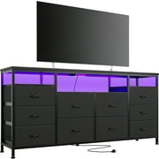 2025 New 63.3 Inch Black Dresser for Bedroom, 10 Drawer Dresser TV Stand for 65 70 75 Inch TV, Fabric Chest of Drawers with LED Lights & Power Outlets, for Closet, Living Room
