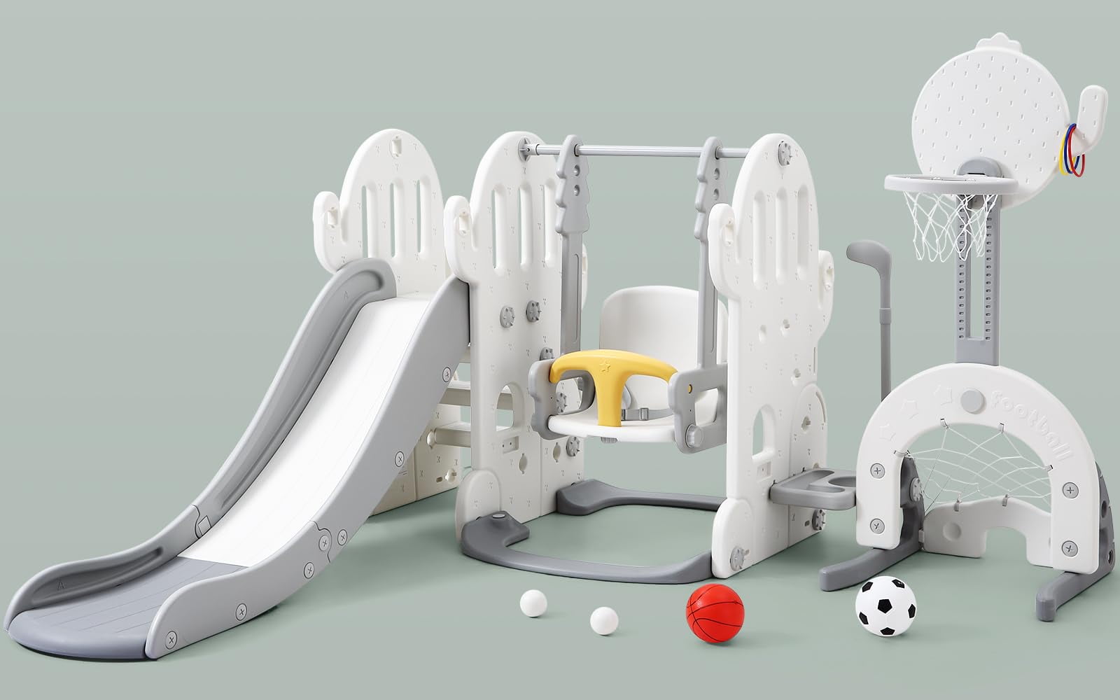 2025 New 7-in-1 Indoor Slide and Swing Set, Baby Playground Set with Basketball Hoop Soccer Golf Ring Toss Game, Indoor Outdoor Playground for Toddlers 1-6 Kids