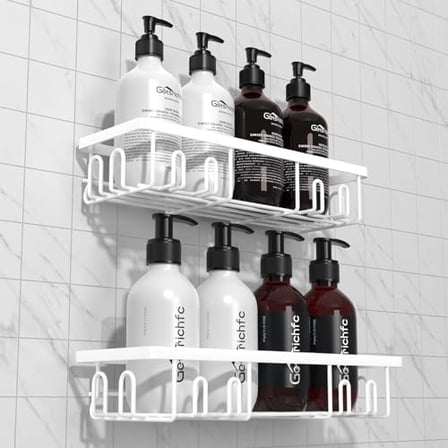 2025 New Adhesive Shower Caddy, Shower Shelves with 16 Hooks, White 2 Pack