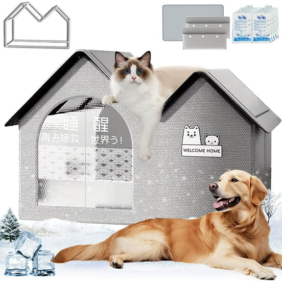 2025 New Air Conditioned Dog House, Dog House with Ac, Cooling Dog Houses, Pet Cooling House, Foldable, with Air Conditioning 10 Ice Packs, for Small, Medium, and Large Dogs and Cats (Gray, M)