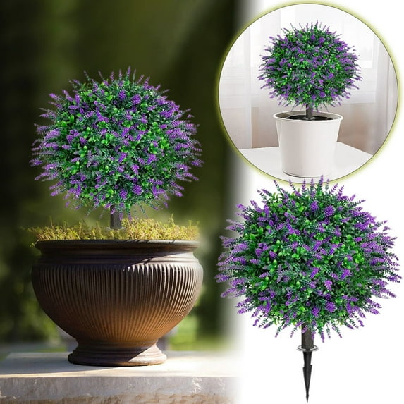 2025 New Artificial Lavender Boxwood Topiary Ball Bush for Outdoor with Ground Spike 27.16 Inch UV Resistant Greenery Shrubs, Boxwood for Indoor, Garden, Yard, Porch, Patio Decor