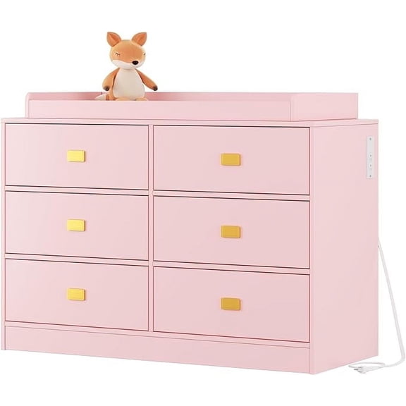 2025 New Baby Changing Table Dresser with 6 Drawers, Baby Chest of Drawers for Nursery with Power Outlets, Changing Pad & Removable Top