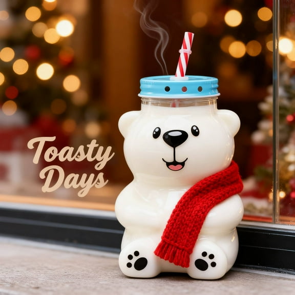 2025 New Bear Straw Cup – 20oz Adorable Glass Cup with Straw, Great for Holiday Gifting & New Year Celebrations