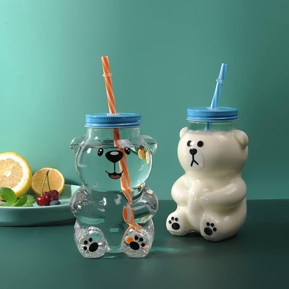 2025 New Bear Straw Cup, Cute Bear Glass Cup With Straw 19oz, Cute Mugs, Coffee Beer Wine Cocktail Drinks Glassware, 2PCS
