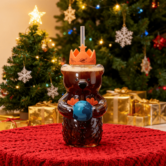 2025 New Bear Straw Cup Glass Mug, 20oz Bear-Shaped Cold Cup, Glass, Ideal for Coffee, Cold Brews, Holiday Drinks, Christmas Vibes,(1 Bear Cup with Straw)