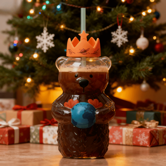 2025 New Bear Straw Cup Glass Mug, 20oz Bear-Shaped Cold Cup, Perfect for Iced Drinks, Holiday Celebrations, Viral Drinkware for Christmas Gifts,(1 Bear Cup with Straw)