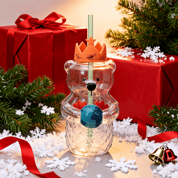 2025 New Bear Straw Cup Glass Mug,Cartoon Bear Shaped Coffee Mug, for Coffee Cocktail Drinks, Bear Design Glassware Xmas Gift for Friends Family | 20 oz KTFgvq