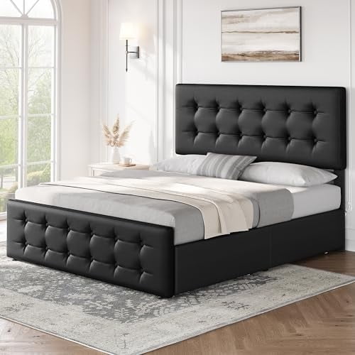 2025 New Bed Frame with 4 Storage Drawers and Headboard, Linen Upholstered Platform Bed Frame with Wooden Slats Support, Button Tufted Design, No Box Spring Needed
