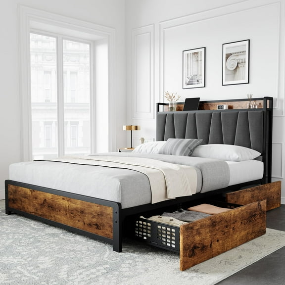 2025 New Bed Frame with Charging Station, Linen Upholstered Platform Bed Frame with Storage Headboard and 4 Drawers, No Box Spring Needed, Easy Assembly
