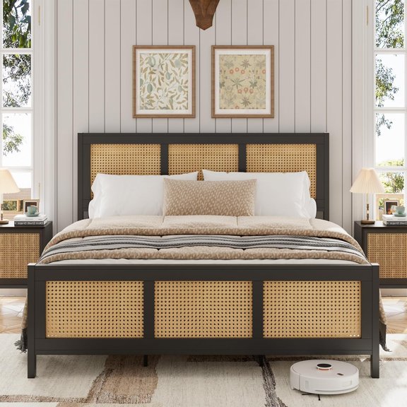 2025 New Bed Frame with Headboard, Bohemian Rattan Platform Bed Frame with Strong Metal Slats Support, No Box Spring Needed, Noise-Free Design