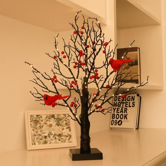2025 New Cardinal Red Berries Tree Table Decoration Light for Tabletop Centerpiece Christmas Decorations, LED Warm Light Up Christmas Tree LED Fairy Spirit Tree Lamp