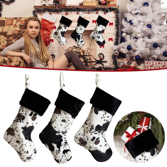 2025 New Christmas Cow Print Stockings 20 Inches Decorations Large Christmas Cow Print Ornaments Stockings Soft Cow Pattern Xmas Socks for Family Holiday Birthday Party Decorations Gift