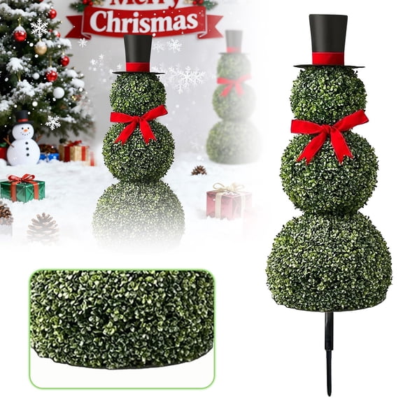 2025 New Christmas Snowman Topiary Outdoor 31.5in Artificial Snowman Shaped Topiary Tree Pot with Red Bow Santa Hat Boxwood Topiaries for Indoor Outdoor Home Porch Yard Holiday Christmas Decor, 1PC