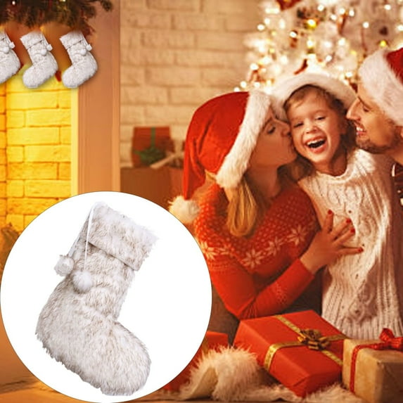 2025 New Christmas Stockings Brown Rustic Neutral Farmhouse Fireplace Hanging Decorations Plush Faux with Tassel Soft Xmas Stocking for Large Family/ Christmas Sock Pendant Decoration A