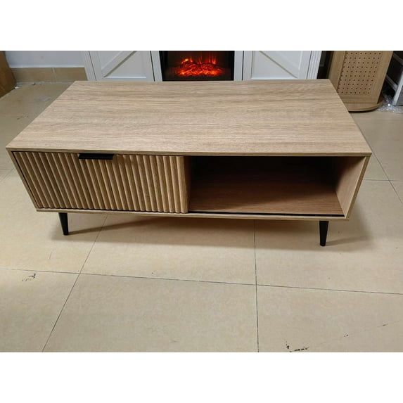 2025 New Coffee Table, 2 Tier Farmhouse Coffee Desk with Sliding Wave Pattern Door and Storage, Modern Wooden Center Table for Living Room, Office, Outdoor